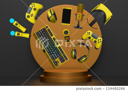 Multiple gaming devices and accessories floating above podium against abstract background, concept of modern gaming tech Multiple gaming devices and accessories floating above podium against abstract background, concept of modern gaming tech 134480266