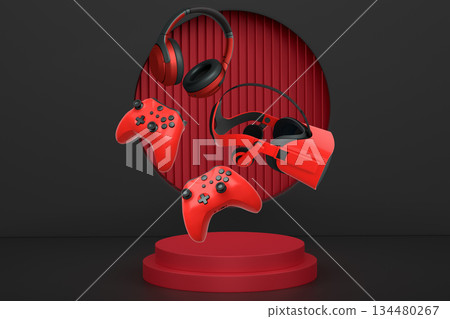 Game controllers, headphones and VR headset floating above pedestal, minimal style, abstract background, concept of gaming Game controllers, headphones and VR headset floating above pedestal, minimal style, abstract background, concept of gaming 134480267