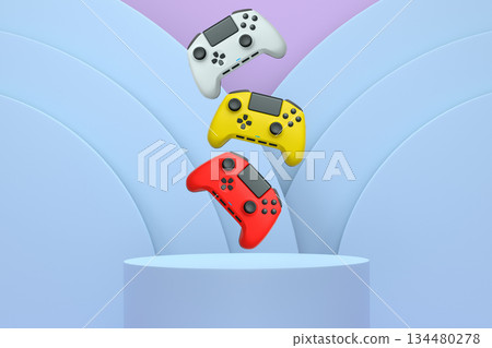 Colorful gaming controllers joystick levitating over podium against abstract background, minimalist concept device on pedestal 134480278