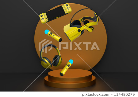 Floating gaming devices like VR headset, controllers, and headphones over podium on abstract background. Concept of modern gaming Floating gaming devices like VR headset, controllers, and headphones over podium on abstract background. Concept of modern gaming 134480279