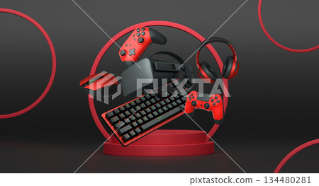 Gaming and streaming accessories including RGB keyboard, headphones, mouse, joystick and VR glasses floating above podium 134480281