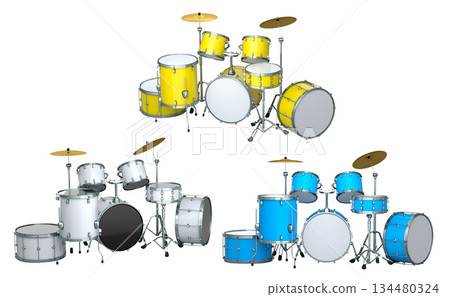 Set of realistic drums with metal cymbals or drumset on white background 134480324