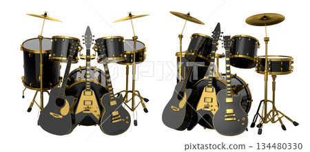 Set of realistic drums with metal cymbals on stand and acoustic guitars on white Set of realistic drums with metal cymbals on stand and acoustic guitars on white 134480330