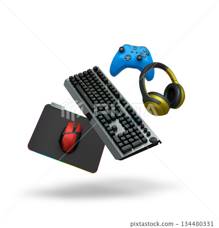 Gaming keyboard, mouse, controller and headphones floating in air, isolated on white background with clipping path. Gaming keyboard, mouse, controller and headphones floating in air, isolated on white background with clipping path. 134480331