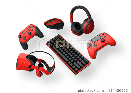 Gaming gadgets like keyboard, mouse, headphones, controller, and VR headset in digital style isolated on white background Gaming gadgets like keyboard, mouse, headphones, controller, and VR headset in digital style isolated on white background 134480332