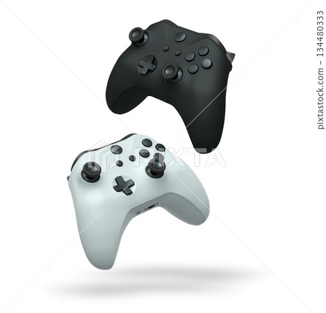 Wireless gaming controllers flying in air isolated on white background, symbolizing gaming technology concept Wireless gaming controllers flying in air isolated on white background, symbolizing gaming technology concept 134480333