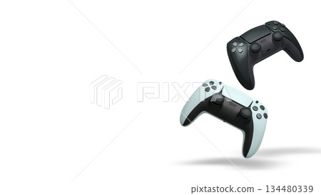Wireless gaming controllers flying in air isolated on white background, symbolizing gaming technology concept Wireless gaming controllers flying in air isolated on white background, symbolizing gaming technology concept 134480339