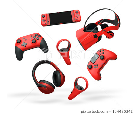 Gaming controllers, VR headset, and headphones isolated on white background with clipping path. Concept of virtual entertainment 134480341