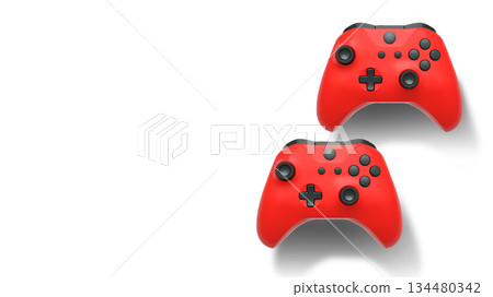 Wireless gaming controllers flying in air isolated on white background, symbolizing gaming technology concept 134480342