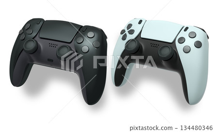 Wireless gaming controllers flying in air isolated on white background, symbolizing gaming technology concept 134480346