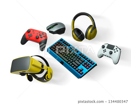 Floating gaming accessories like keyboard, mouse, controller, headset and VR goggles on white background with clipping path 134480347