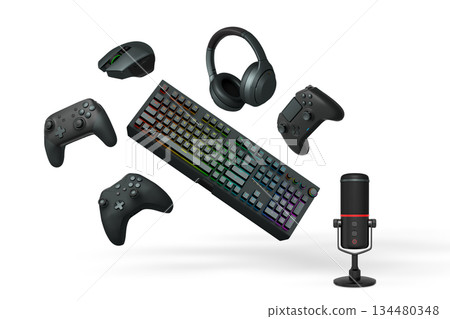 Gaming accessories including VR headset, controllers, mouse, headphones, and mic isolated on white background with clipping path Gaming accessories including VR headset, controllers, mouse, headphones, and mic isolated on white background with clipping path 134480348
