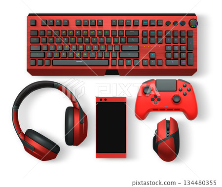 Gaming keyboard, mouse, controller, headset, and smartphone isolated on white background, concept of modern digital gaming gear Gaming keyboard, mouse, controller, headset, and smartphone isolated on white background, concept of modern digital gaming gear 134480355