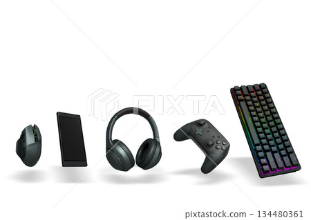 Collection of gaming accessories like keyboard, controller, mouse, phone, and headphones on white background with clipping path Collection of gaming accessories like keyboard, controller, mouse, phone, and headphones on white background with clipping path 134480361