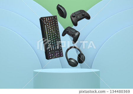 Gaming keyboard, mouse, controllers, and headphones floating above podium on abstract pastel background, symbolizing gaming tech Gaming keyboard, mouse, controllers, and headphones floating above podium on abstract pastel background, symbolizing gaming tech 134480369