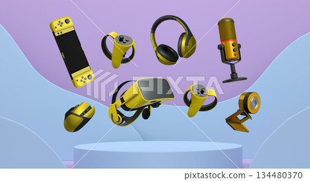 Assorted gaming gadgets like controllers, VR headset, mouse, and mic floating above circular podium and white platform Assorted gaming gadgets like controllers, VR headset, mouse, and mic floating above circular podium and white platform 134480370