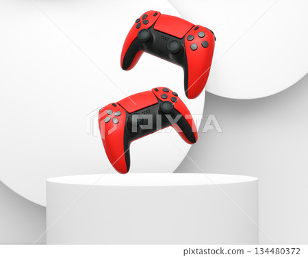 Colorful gaming controllers joystick levitating over podium against abstract background, minimalist concept device on pedestal 134480372