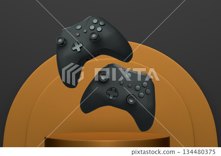 Colorful gaming controllers joystick levitating over podium against abstract background, minimalist concept device on pedestal Colorful gaming controllers joystick levitating over podium against abstract background, minimalist concept device on pedestal 134480375
