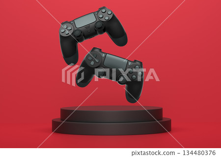 Colorful gaming controllers joystick levitating over podium against abstract background, minimalist concept device on pedestal Colorful gaming controllers joystick levitating over podium against abstract background, minimalist concept device on pedestal 134480376