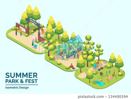 Cartoon Color Summer Park and Fest Concept Entrance, Glass Greenhouse and Picnic Elements 3d Isometric View. Vector illustration 134480394