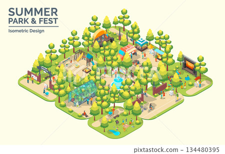Cartoon Color Summer Park and Fest Area Landscape Platform Plan Concept 3d Isometric View. Vector illustration 134480395