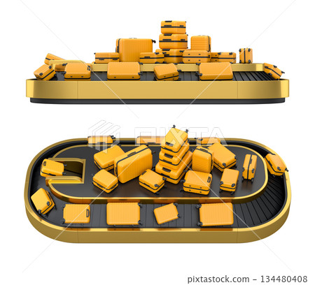Set of Airport luggage conveyor belt or baggage claim area with suitcases on white. Set of Airport luggage conveyor belt or baggage claim area with suitcases on white. 134480408