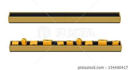 Set of Airport luggage conveyor belt or baggage claim area with suitcases on white. 134480417