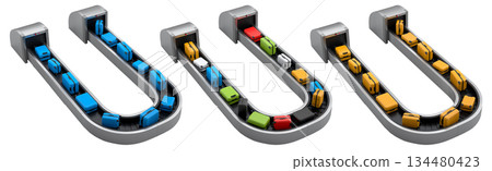 Set of Airport luggage conveyor belt or baggage claim area with suitcases on white. 134480423