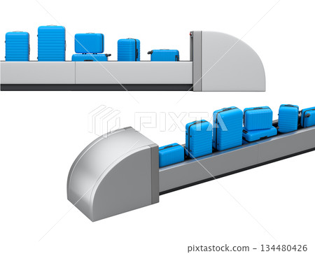 Set of Airport luggage conveyor belt or baggage claim area with suitcases on white. 134480426