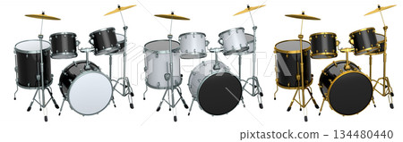Set of realistic drums with metal cymbals or drumset on white background 134480440