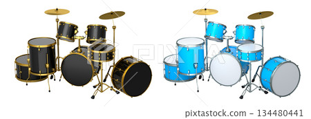Set of realistic drums with metal cymbals or drumset on white background Set of realistic drums with metal cymbals or drumset on white background 134480441