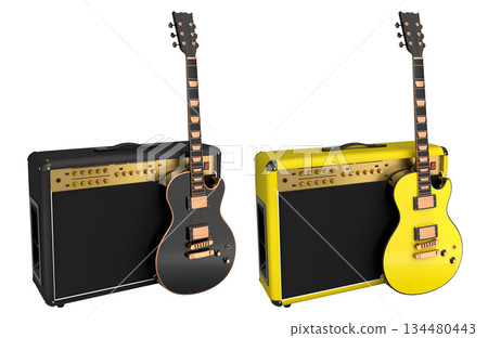 Set of amplifier with acoustic guitar isolated on white background. 134480443