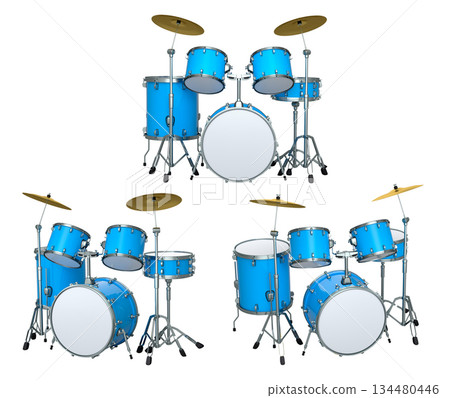 Set of realistic drums with metal cymbals or drumset on white background Set of realistic drums with metal cymbals or drumset on white background 134480446