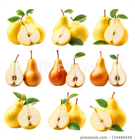 Set of ripe pear and sliced half with visible seeds and green leaf isolated on white transparent background 134480448