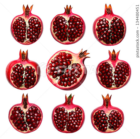 Set of Halved pomegranate showing juicy red seeds and vibrant details, isolated on white transparent background 134480451