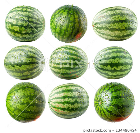 Whole watermelon with vibrant green skin isolated on white transparent background, refreshing healthy summer picnic Whole watermelon with vibrant green skin isolated on white transparent background, refreshing healthy summer picnic 134480454