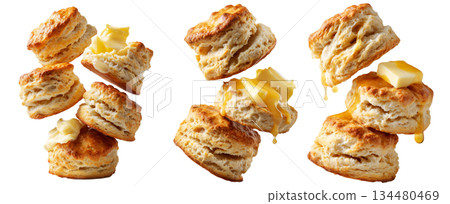 Buttermilk biscuits topped with syrup and butter, isolated on white background, concept of breakfast Buttermilk biscuits topped with syrup and butter, isolated on white background, concept of breakfast 134480469