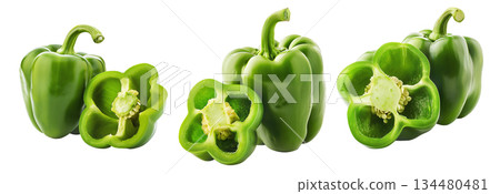 Whole green bell pepper with a sliced half showing seeds and texture, isolated on white transparent background. Whole green bell pepper with a sliced half showing seeds and texture, isolated on white transparent background. 134480481