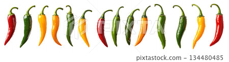 Chili peppers in green, red, yellow, and orange with water droplets isolated on white transparent background. 134480485