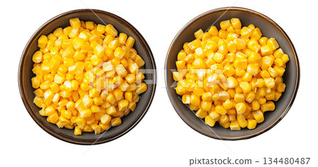 Bowl of yellow corn kernels isolated on white transparent background, concept of healthy food Bowl of yellow corn kernels isolated on white transparent background, concept of healthy food 134480487