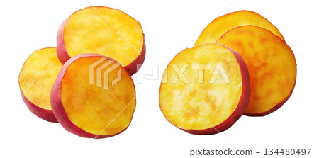 Whole and halved sweet potato, isolated on white transparent background. Concept of healthy food Whole and halved sweet potato, isolated on white transparent background. Concept of healthy food 134480497