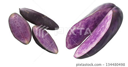 Sliced purple sweet potato, isolated on white transparent background. Concept of healthy food Sliced purple sweet potato, isolated on white transparent background. Concept of healthy food 134480498