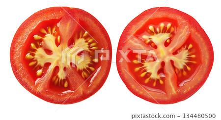 Fresh tomato slices with vibrant red color and juicy texture isolated on white transparent background 134480500