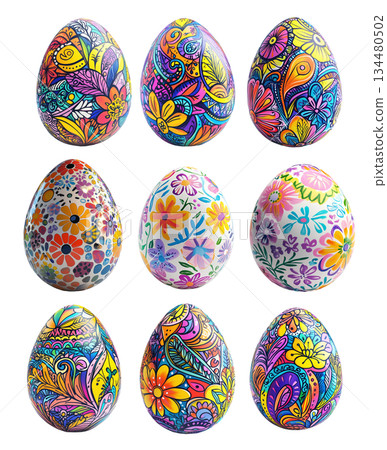 Decorative Easter egg with intricate floral patterns in vibrant colors isolated on white transparent background. Decorative Easter egg with intricate floral patterns in vibrant colors isolated on white transparent background. 134480502