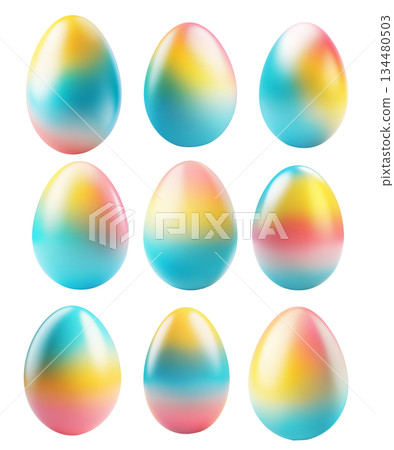 Gradient colored Easter egg with smooth transitions of blue, yellow, and pink isolated on white transparent background Gradient colored Easter egg with smooth transitions of blue, yellow, and pink isolated on white transparent background 134480503