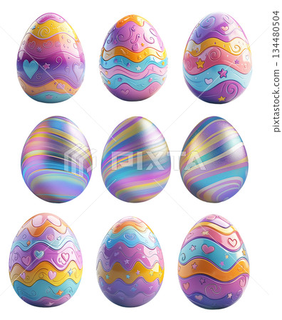Decorative Easter egg with shimmering pastel stripes in gold, blue, and purple isolated on white transparent background 134480504