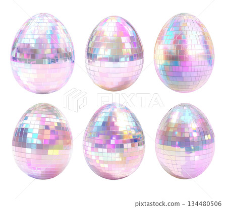 A shimmering egg covered in iridescent mirror tiles reflecting light, isolated on white transparent background. A shimmering egg covered in iridescent mirror tiles reflecting light, isolated on white transparent background. 134480506