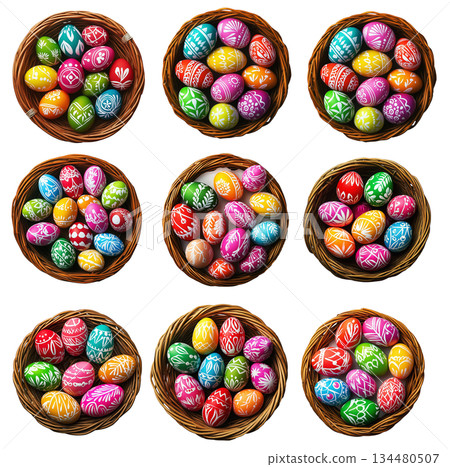 Wicker basket filled with colorful Easter eggs decorated with patterns, isolated on white transparent background. Wicker basket filled with colorful Easter eggs decorated with patterns, isolated on white transparent background. 134480507