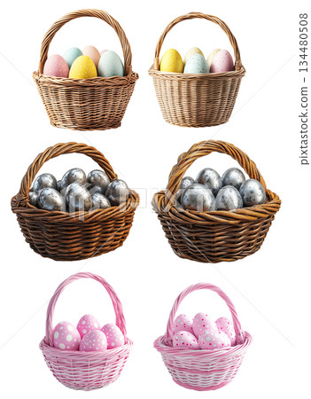 Wicker basket filled with colorful Easter eggs decorated with patterns, isolated on white transparent background. Wicker basket filled with colorful Easter eggs decorated with patterns, isolated on white transparent background. 134480508