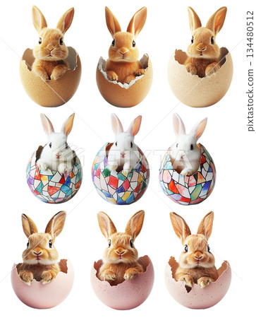Adorable fluffy bunny peeking out from cracked egg isolated on white background. Symbolizing Easter, spring 134480512